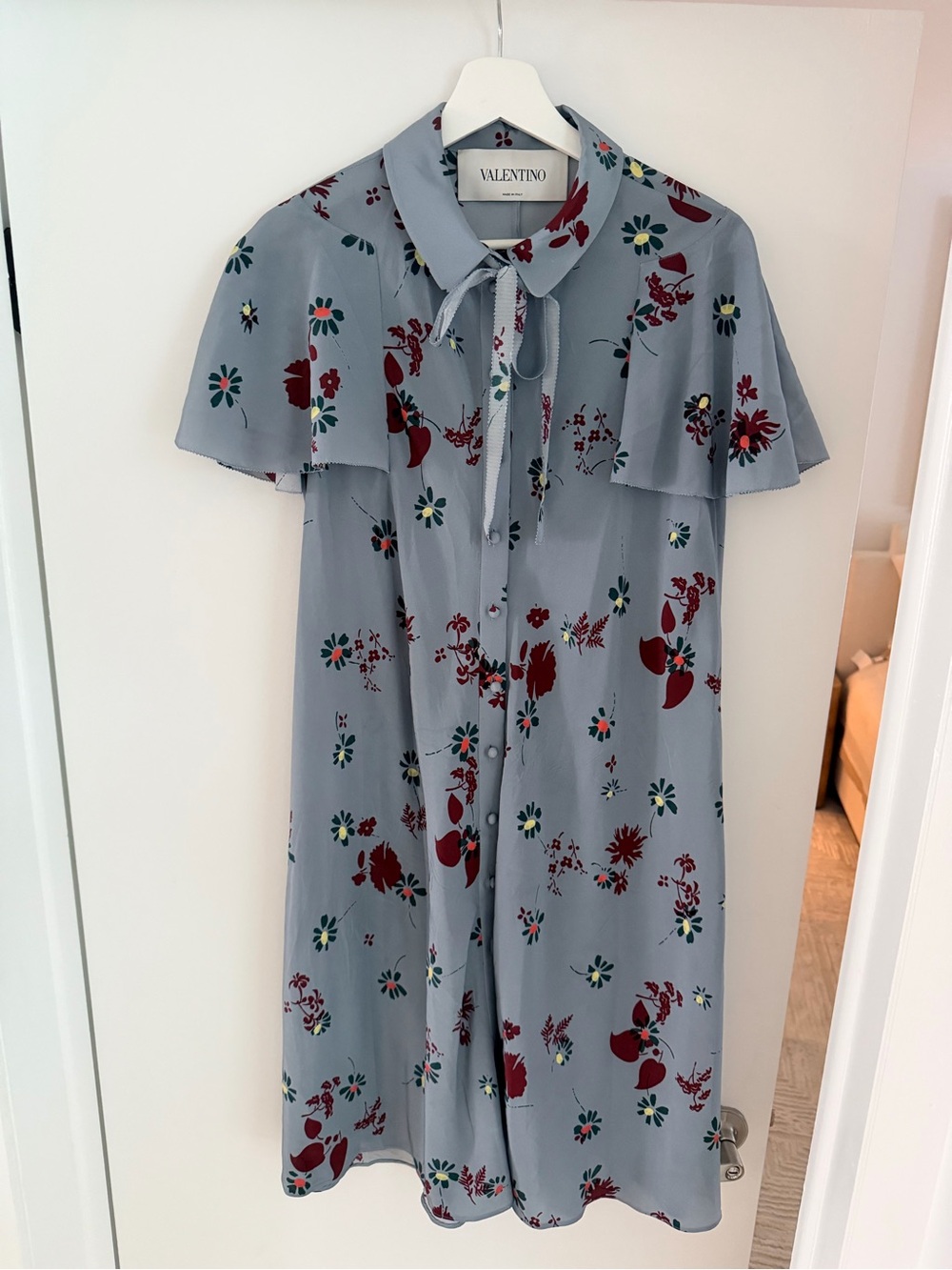 Valentino Dusty Blue Midi Dress with Red & Green Floral Print